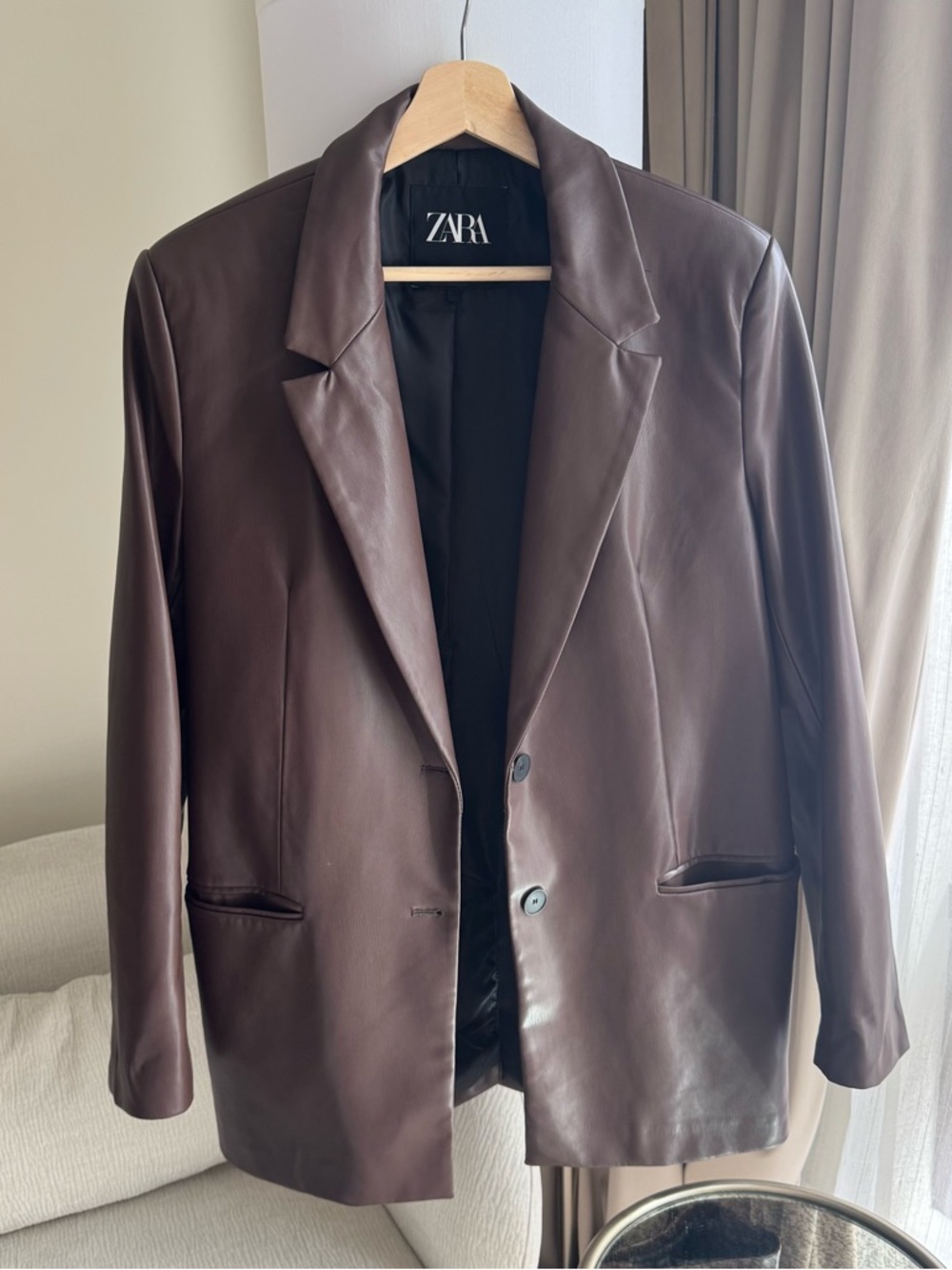 Zara Faux Leather Blazer Jacket In Brown